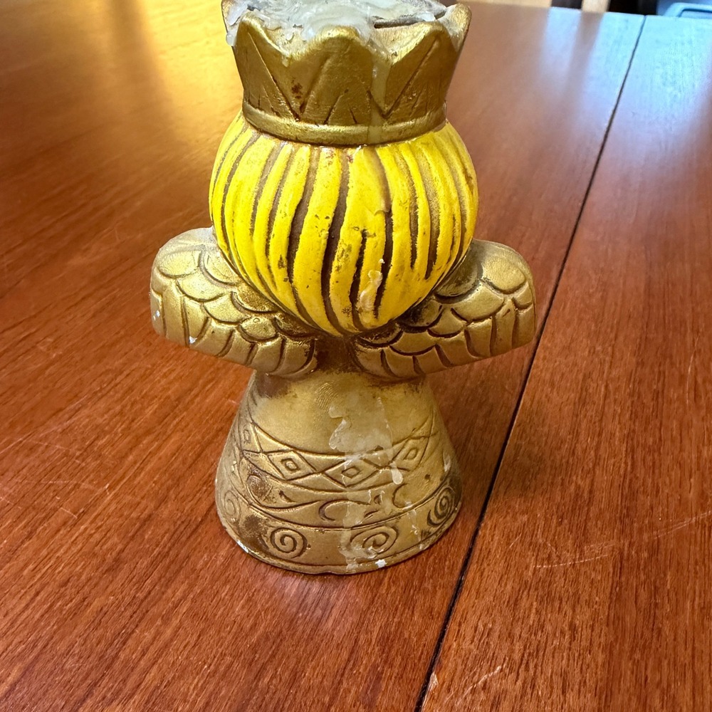 Vintage Gold Praying Angel Candle Holder Crowned Cherub Christmas Mid-Century - Picture 2 of 4